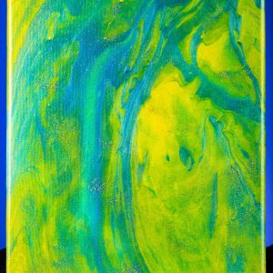 This unique 8x10 canvas was created with a "paint pour" method. I've added glitter to reflect some light.