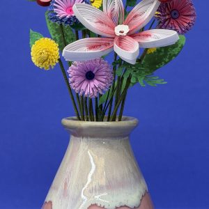 Pink & white vase with colorful quilled paper flowers