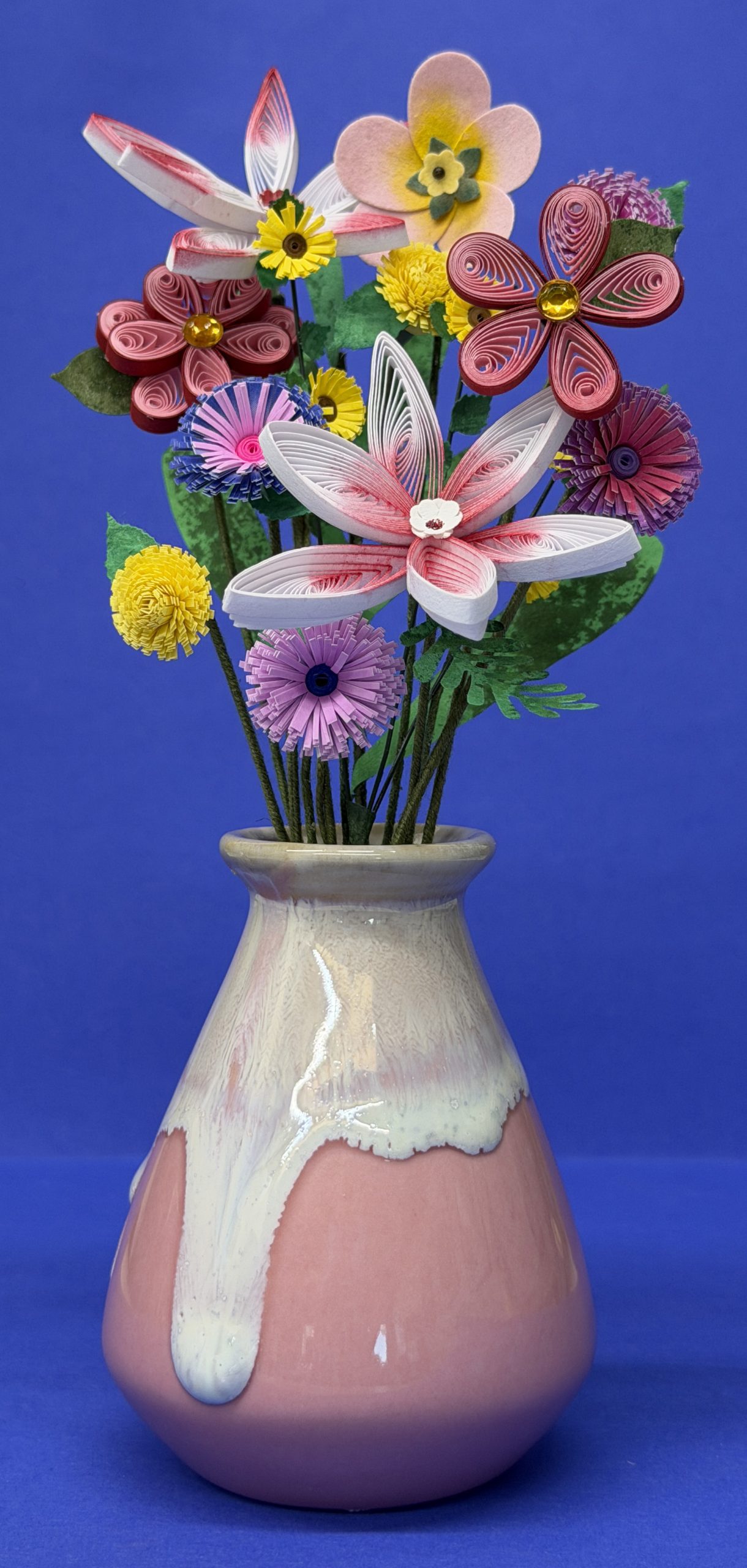 Pink & white vase with colorful quilled paper flowers