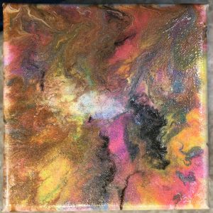 This 5x5 canvas was created with a "paint pour" method. I've added a light dusting of glitter to reflect some light.