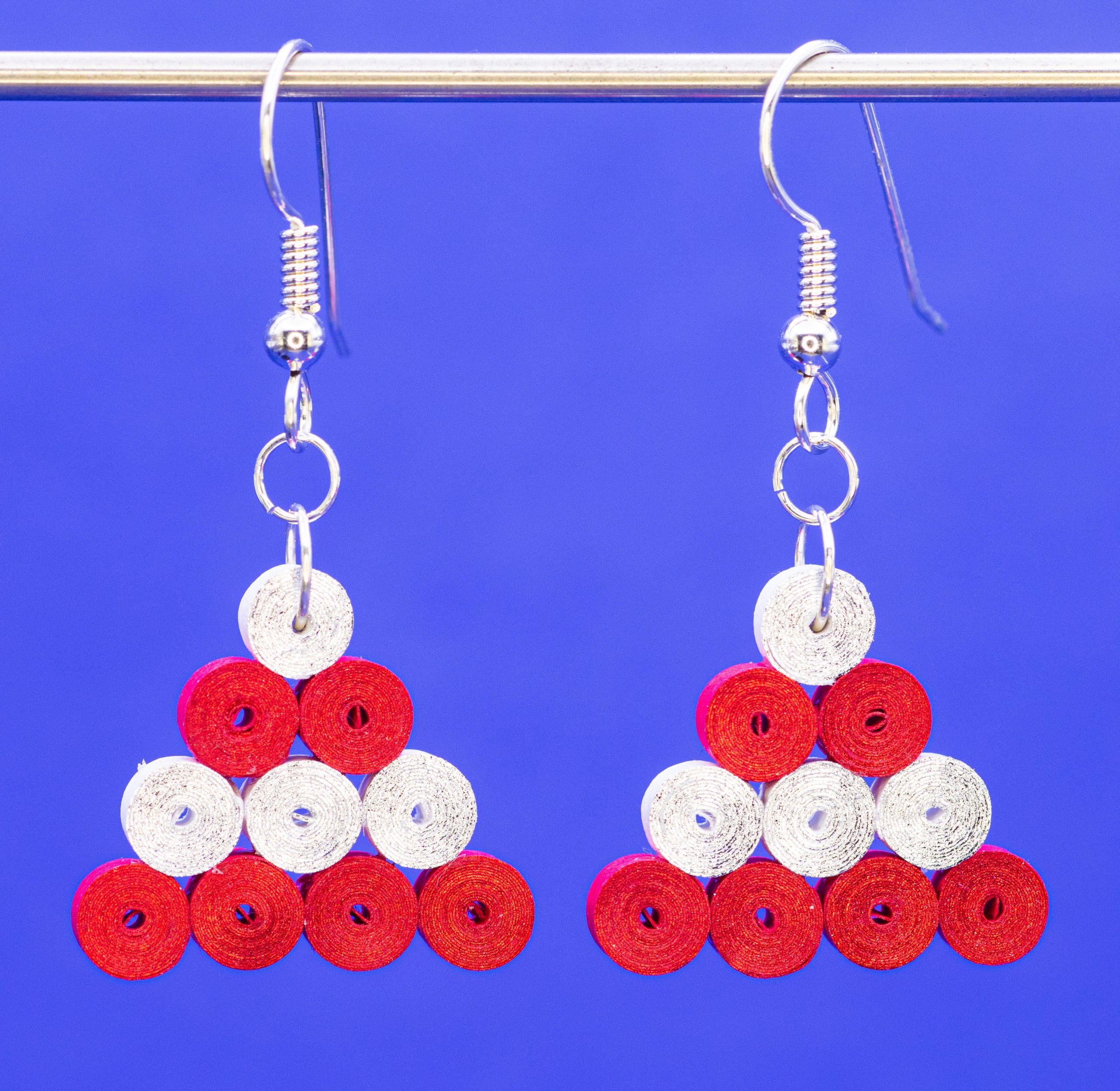 Quilled red and silver triangle earring