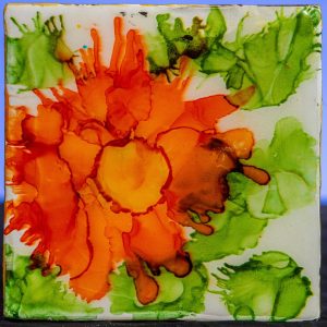 Alcohol Ink Trivet with Sunflower.