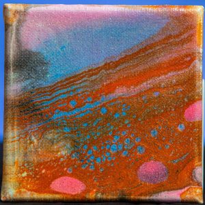 This unique 4x4 canvas was created with a "paint pour" method. I've added a light dusting of glitter to reflect some light.