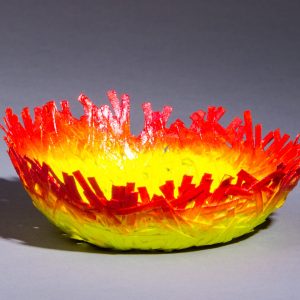 This unique paper bowl is sturdy enough to hold most trinkets and medium weight objects. It is 2" high by 5.5" in diameter. Use it for jewelry, Easter eggs, Christmas balls, candy, general decoration items.