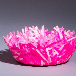 This unique paper bowl is sturdy enough to hold most trinkets and medium weight objects. It is 2" high by 5" in diameter. Use it for jewelry, Easter eggs, Christmas balls, candy, general decoration items.