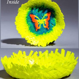 This unique paper bowl is sturdy enough to hold most trinkets and medium weight objects. It is 1.25" high by 4.25" in diameter. Use it for jewelry, candy, small decoration items.