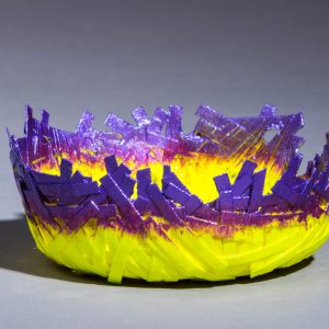 This unique paper bowl is sturdy enough to hold most trinkets and medium weight objects. It is 1.25" high by 3.5" in diameter. Use it for jewelry, Easter eggs, Christmas balls, candy, general decoration items.