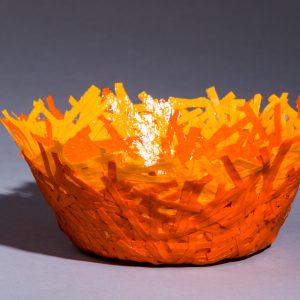 This unique paper bowl is sturdy enough to hold most trinkets and medium weight objects. It is 2.5" high by 5.5" in diameter. Use it for jewelry, Easter eggs, Christmas balls, candy, general decoration items.